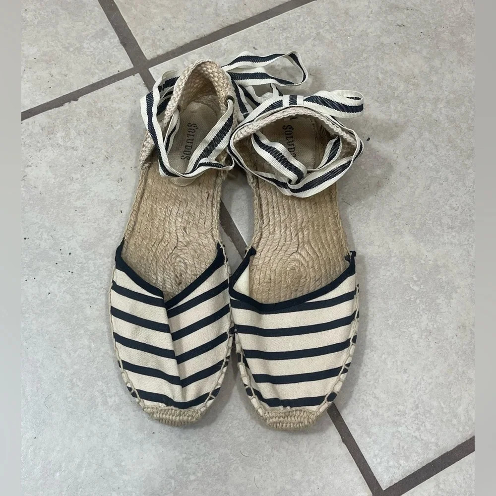 Soludos Cream Black Striped Nautical Strappy Ankle Tie Espadrilles Flats Sz 9.5 - Picture 3 of 13